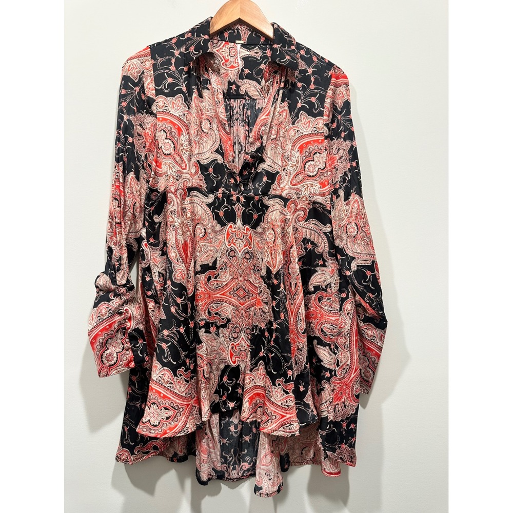 Free People Paisley Print Tunic Top Red Black Boho Button Front High Low Small